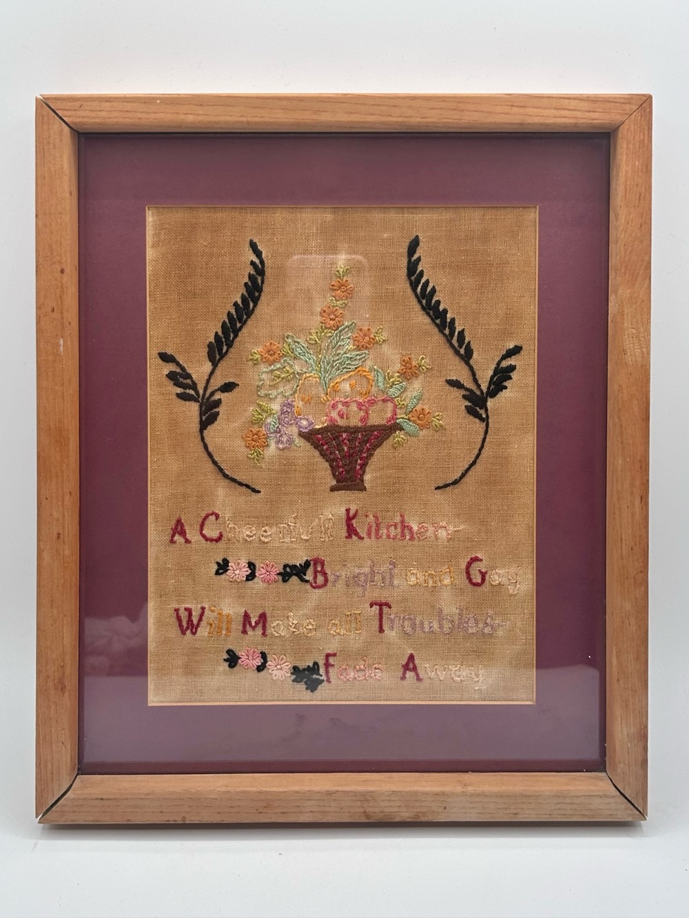 Vintage Framed Needlepoint Kitchen Saying Handmade Tea Stained Modern Made